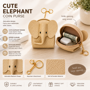 OEM Cute Rectangle Elephant Coin <b>Purse</b> Keychain PU <b>Leather</b> Mini Zipper Wallet Small Coin Bag with Key Ring Wrist Strap - Product Image 6