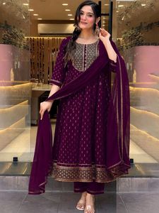 <b>Women</b> Purple Embroidered Rayon Anarkali <b>Kurta</b> Set Trousers Dupatta Traditional Indian Pakistani Wear Casual Regular Fit - Product Image 3