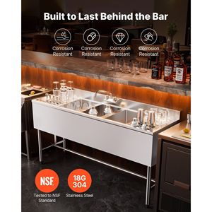 Lavello Commerciale in Acciaio Inox 304 Calibro 18 con 3 Scomparti e Vasca 25x35x25 cm, Doppio Scarico per Bar - Product Image 2
