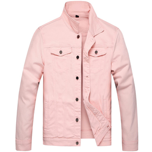 Chaqueta vaquera rosa para hombre, cuello vuelto, botones de cuerno, bolsillos delanteros, informal, otoño, color liso, corte ajustado, 300g, algodón ecológico - Product Image 1