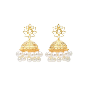 Boucles d'oreilles pendantes traditionnelles Jhumki en pierre Pota plaquée or et perles - Product Image 2