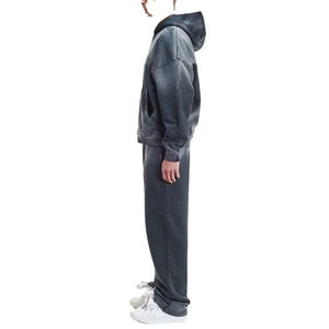 Premium Cotton Men’s Acid Wash <b>Zip</b>-<b>Up</b> Tracksuit Long Sleeve Losses Fit Solid Color Men Acid Wash Hoodie and Sweatpants Set - Product Image 3