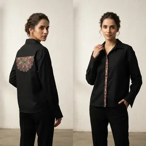 Conjunto de Camisa y Pantalones Bordados Negros para Mujer, Manga Larga, Cuello con Solapa, Puños Decorativos, Diseño Elegante, Ropa Casual de Oficina - Product Image 3