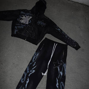 Vintage Washed Unisex Oversized Tracksuit Set Thick Cotton Mens Custom Logo Printed Rhinestone Hoodie & Sweatpants - Product Image 6