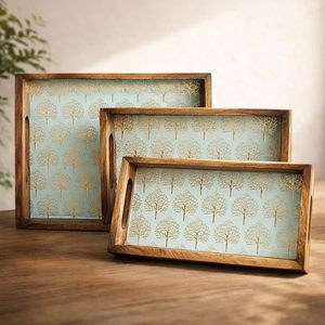 Plateau de service rectangulaire en bois avec motif sculpté, design moderne, poignées pour la cuisine, la table à manger, la décoration de la maison - Product Image 1