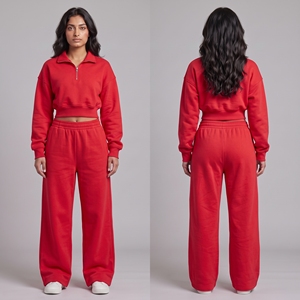 Ensemble 2 pièces pour femme : Sweat-shirt court à quart de zip et pantalon de survêtement large, noir, tenue décontractée, survêtement, logo personnalisé OEM - Product Image 5