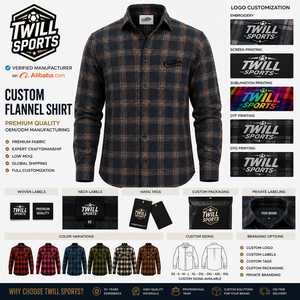 Custom Men's Long Sleeve Plaid Shirt 100% Cotton <b>Button</b> Down Casual Regular Fit Autumn Woven Flannel Front Logo - Product Image 2