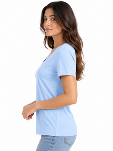 Camiseta de Manga Corta con Cuello en V para Mujer, Color Azul Claro, Tejido de Poliéster/Algodón, Transpirable, Corte Casual, Primavera Verano - Product Image 3