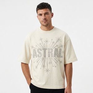 T-shirt unisexe personnalisé style américain à col rond et manches courtes, coupe décontractée rétro avec épaules tombantes, imprimé strass, 100 % coton - Product Image 3