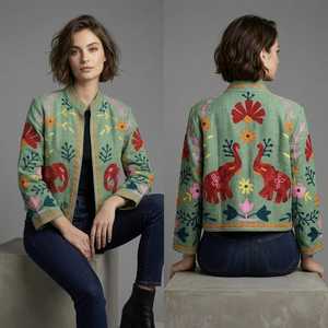 Chaqueta Corta de Mujer Hastkala, Bordada a Mano con Diseño Floral, 100% Algodón Tejido, Cuello Mandarín, Manga Larga, Estilo Boho, Otoño - Product Image 2