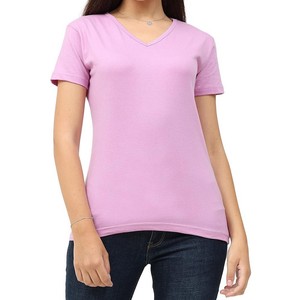 T-shirt à col en V pour femme, personnalisable pour la vente en gros, avec appliques, en coton biologique, tissu doux, prix de gros, idéal pour l'été - Product Image 3