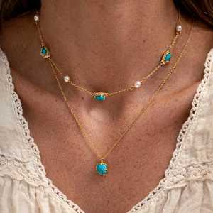 สร้อยคอทองเหลืองประดับด้วยลูกปัดเทอร์ควอยซ์ธรรมชาติ พร้อมจี้เทอร์ควอยซ์ทรงมุกเทียมแบบหลายชั้น ชุบทอง 14K รูปทรงมงกุฎ สไตล์ศาสนา - Product Image 1