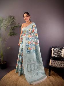 Sari de Seda Banarasi con Estampado Floral y Borde Tejido, Diseño de Alta Costura para Bodas y Fiestas Indias, Seda Suave - Product Image 1
