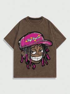 Men's Brown Oversized T-Shirt With Cartoon Hip Hop <b>Soul</b> Print Short Sleeve O-Neck Street Style Jersey Fit - Product Image 1
