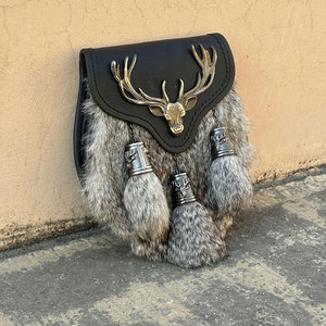 HOT SELL Men's Scottish Grey Fur Stag Head Badge 3 Tassels Kilt Sporran With <b>Chain</b> <b>Belt</b> Costume Accessories - Product Image 3