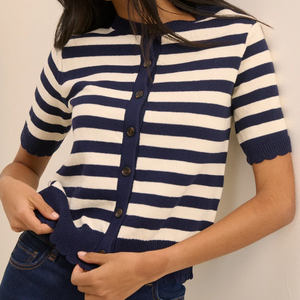 Women Striped Knitted <b>Short</b> <b>Sleeve</b> <b>Crop</b> <b>Cardigan</b> Button Up Collar Nautical Style Summer Casual 100% Cotton - Product Image 2