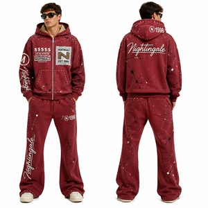 Streetwear Rhinestone Zip <b>Hoodie</b> Sweat Pants Set Acid Wash Man Oversized Oversized Fleece Tracksuit Wide Leg Streetwear Set Men - Product Image 6