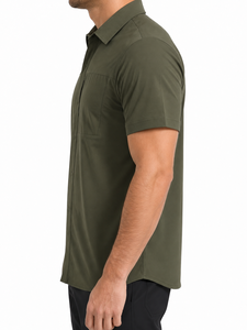 เสื้อเชิ้ตตกปลาแขนสั้นสีเขียวมะกอกสำหรับผู้ชาย มีกระเป๋าซิป แห้งเร็ว UPF 50 โพลีเอสเตอร์ สีพื้น - Product Image 2