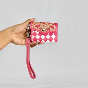 Porte-cartes en cuir véritable rose avec broderie à motifs géométriques, fermeture à bouton, portefeuille court pour femme, style tendance - Product Image 2