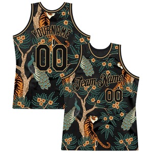 Maillot de basketball personnalisé noir-ancien or motif tigre paon authentique, nom de l'équipe des chimpanzés brodé, impression par sublimation - Product Image 1