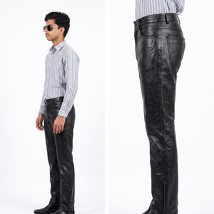 Pantalon en cuir véritable pour homme, sur mesure, marque privée OEM, style vintage, en peau de mouton noire, coupe droite, streetwear - Product Image 3