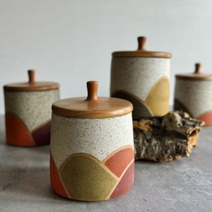 Ceramic Food <b>Storage</b> Containers With Wooden Lids Airtight Handcrafted Cylinder Shape Wabi Sabi Design Kitchen Spice Jars - Product Image 1