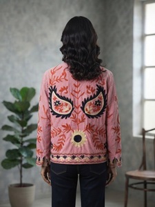 Elegant <b>Velvet</b> Embroidered Cotton Knitted Bomber <b>Jacket</b> <b>Women</b> Stand Collar Floral Handmade Ethnic Boho Autumn Quick Dry Full - Product Image 3