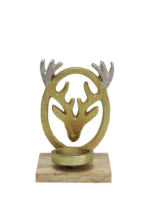 Artesign Bougeoir Moderne en Nickel et Aluminium, Motif Renne Doré et Argenté, avec Base en Bois, Élégant et Durable, Décoration de Table Festive - Product Image 1
