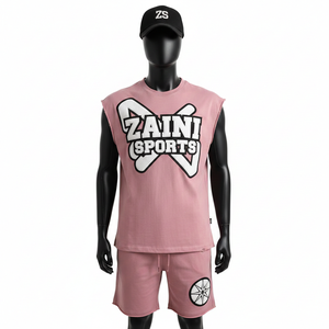 Ensemble short et t-shirt sans manches pour homme, coton jersey respirant, rose, avec logo personnalisé. - Product Image 6