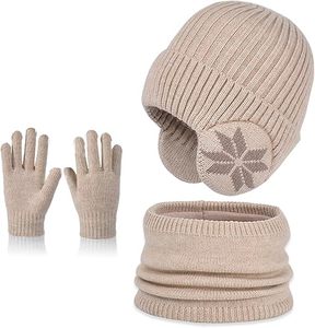 Ensemble bonnet, gants et écharpe en tricot beige pour l'hiver, 3 pièces, bonnet à rabats pour les oreilles, cache-cou à flocons de neige, unisexe, adultes - Product Image 1