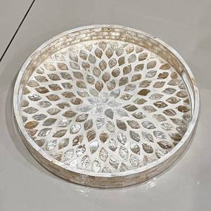 Round Seashell Inlay <b>Mosaic</b> Design Serving Tray With Glossy Finish Decorative Serving Plate Flower Theme Home Decoration - Product Image 6