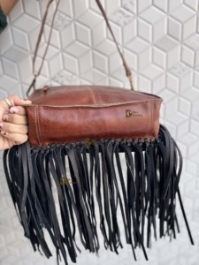 Bohemian Genuine Leather Crossbody Bag With Tassel Fringe Boot Stitch Women's Hand Bag All Seasons Daily Use - Product Image 5