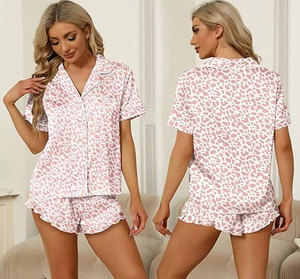 Conjunto de Pijama de Satén para Mujer, Manga Corta, Pantalones Cortos, Verde, Elegante, Cintura Elástica, Cuello Camisero, Corte Medio, Secado Rápido, Suave - Product Image 3