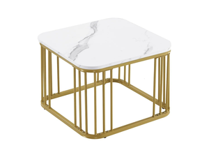 Mesa de Centro Moderna de Lujo en Madera Contrachapada con Superficie de Aspecto Mármol y Base de Listones Metálicos Dorados, Mesa de Salón Contemporánea - Product Image 3