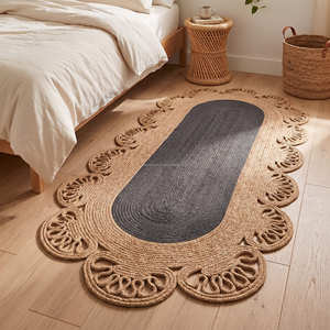 Tapis ovale bohème en jute avec franges colorées et pompons, fait main, à poils plats, pour la décoration du salon - Product Image 2
