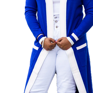 Cardigan long ZPHIB bleu roi et blanc, style Duster, avec poches, ouverture sur le devant, en laine/cachemire épaisse, idéal pour l'hiver, pour la sororité Zeta Phi Beta - Product Image 3