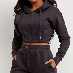 Women Hooded <b>Cropped</b> Sweatshirt Set Solid Color Drawstring Shorts Casual Full Sleeve Zipper Front Tracksuit - Product Image 6