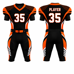 Uniforme de football américain personnalisé sublimé, maillot à col en V pour homme, pantalon noir, orange, blanc, respirant, ajusté, manches courtes - Product Image 1