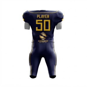 Ensemble Maillot et Pantalon de Football Américain Professionnel en Twill Numéroté, Uniforme Athlétique Sublimé Bleu Marine et Or - Product Image 3