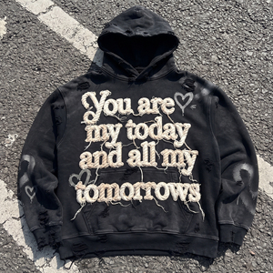 Sudadera con capucha oversize para mujer, amarilla, con estampado de letras desgastadas, jersey de punto, ropa de invierno, sudaderas con capucha bordadas con efecto desgastado para mujer - Product Image 6