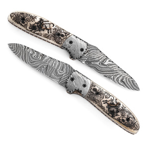Couteau de chasse et de camping pliant en acier Damas de qualité industrielle personnalisé - Manche en os de chameau gravé au laser, longueur totale de 19 cm - Product Image 2