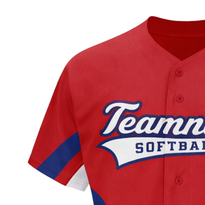 Jersey de Softbol Sublimado con Botones para Mujer, Corte Ajustado, Rojo y Azul, Uniforme Personalizado para Equipo con Diseño de Número en la Espalda - Product Image 6