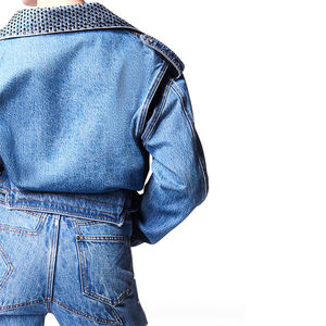 Women's PU Leather Thin <b>Denim</b> Motorcycle <b>Jacket</b> Full Sleeve Zipper Closure Turn-down Collar Rivet Decoration Short Length Autumn - Product Image 4