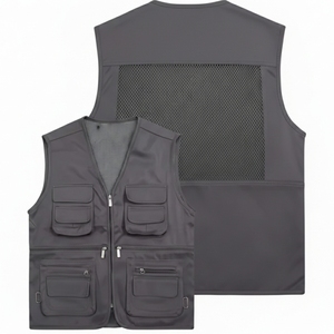 Men's Grey Multi-Pocket Zipper <b>Vest</b> Casual V-Neck Quick Dry Polyester Workwear Outerwear Spring <b>Utility</b> <b>Vest</b> - Product Image 2