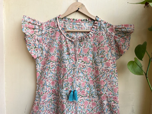 Vestido mini bohemio de mujer con estampado floral, cuello halter y manga corta, 100% algodón, estampado a mano, precio de fábrica. - Product Image 4