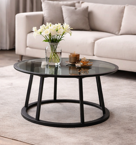 Elegante y Duradera Mesa de Centro de Metal Negro con Superficie Circular de Vidrio, Mesa de Centro Moderna de Diseño Metálico para Interiores de Apartamentos - Product Image 2