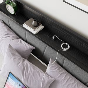Letto matrimoniale imbottito con testiera contenitore e stazione di ricarica, nessuna rete a molle necessaria, facile da montare - Product Image 5