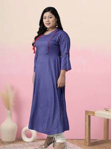 Kurta Anarkali Azul a Cuadros de Rayón para Mujer con Cuello Redondo y Mangas Acampanadas Estilo Helado, Diseño Étnico Global Informal - Product Image 2