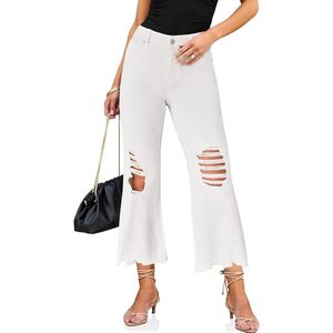 2025, pantalones vaqueros recortados de cintura alta a la moda para mujer, pantalones vaqueros acampanados elásticos de pierna ancha con dobladillo crudo desgastado, diseño transpirable - Product Image 2