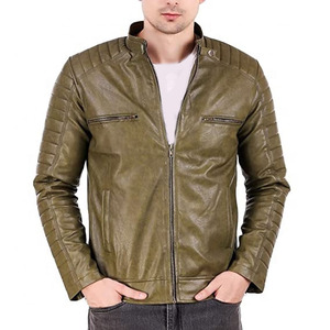 Chaqueta de Moto para Hombre, Verde Oliva, de Cuero Genuino, Impermeable, Transpirable, con Cuello Alto, Cierre de Cremallera, Corte Ajustado, Manga Regular, Color Sólido - Product Image 5